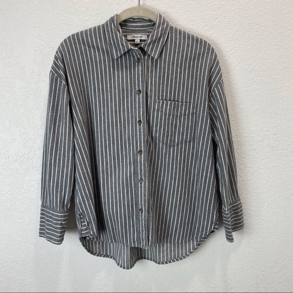 Madewell Westward Gray White Stripe Flannel Long Sleeve Button Front Shirt - Picture 4 of 12
